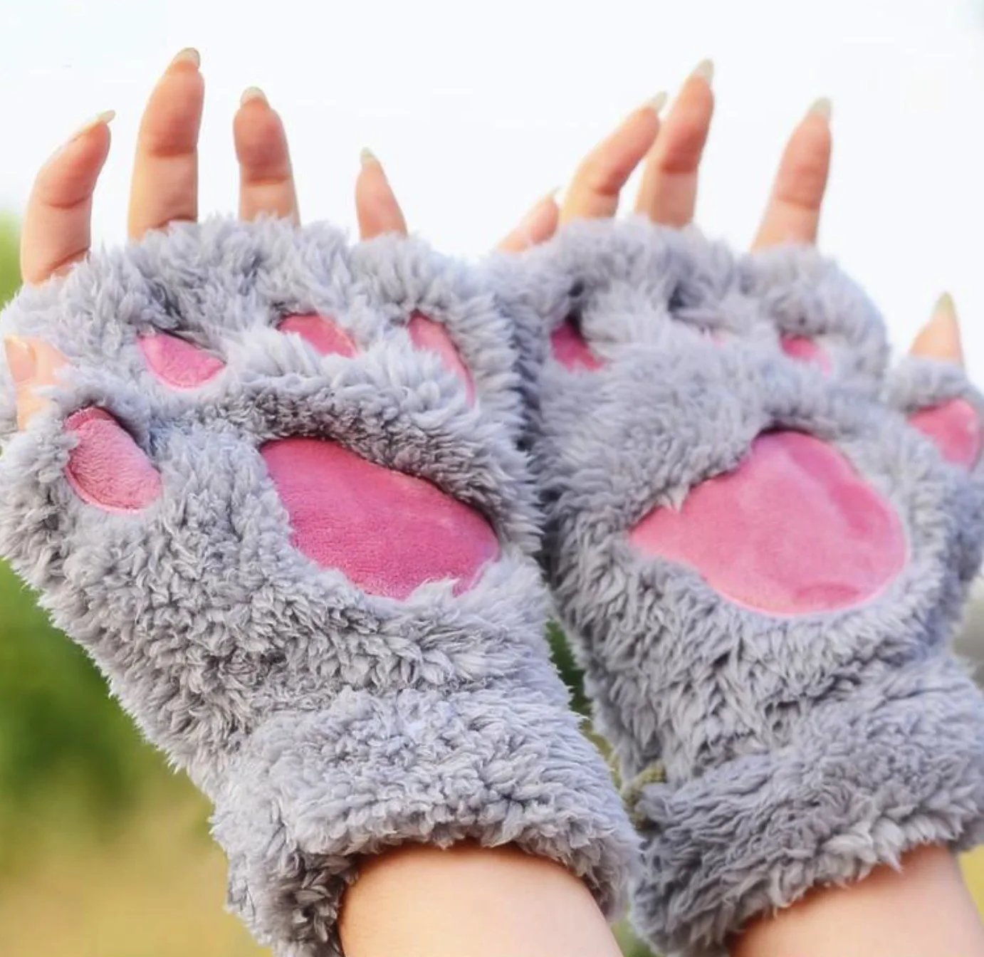Winter warm thermal Fingerless Fluffy Crochet Women girls Gloves Bear Plush Cat Paw Claw Soft Half Covered fuzzy Gloves