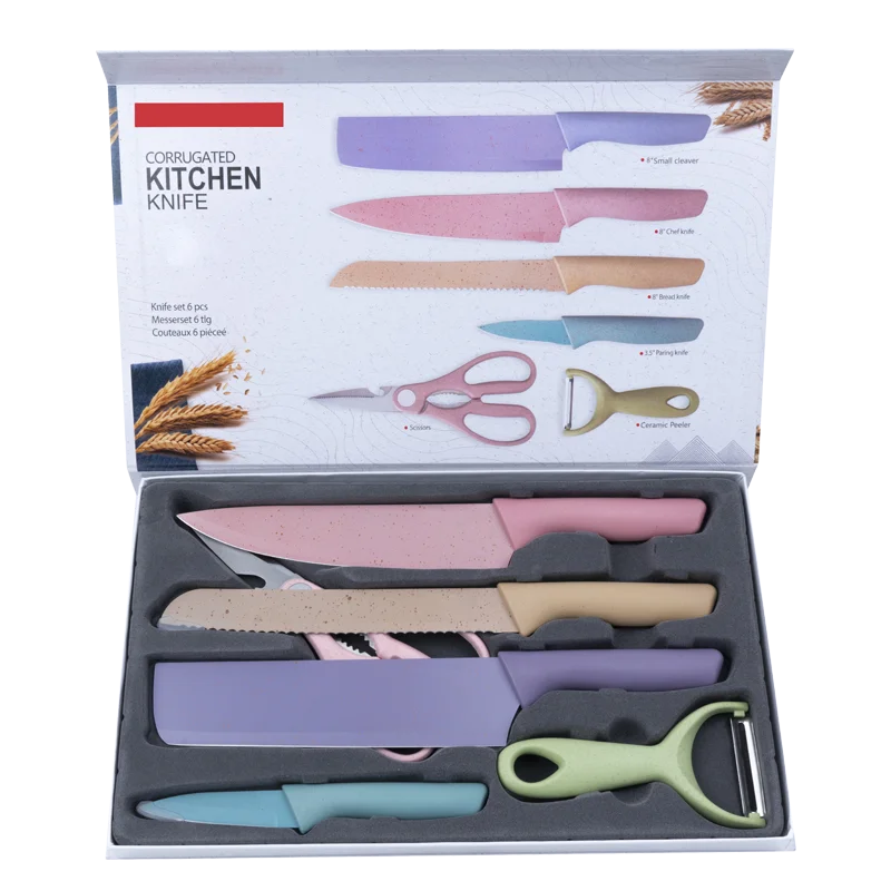 Wheat Straw Kitchen Accessories Colorful 6 Pcs Knife Set Stainless Steel Kitchen Knife Set