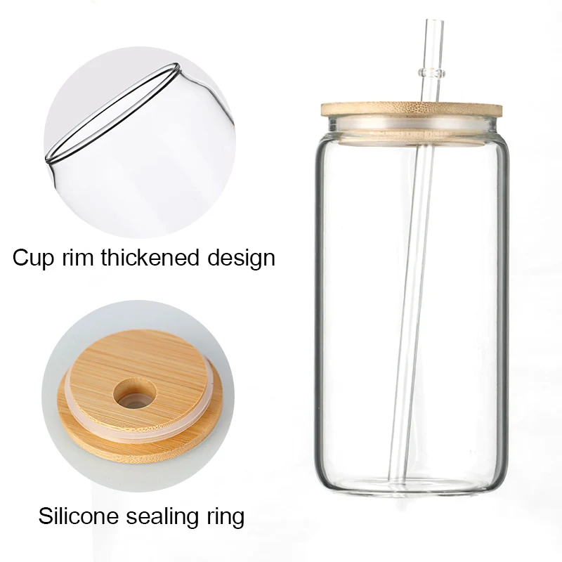 customized large capacity glass mugs drinking coffee glasses cups clear frost bamboo lid and straw 16 oz borosilicate glass cup