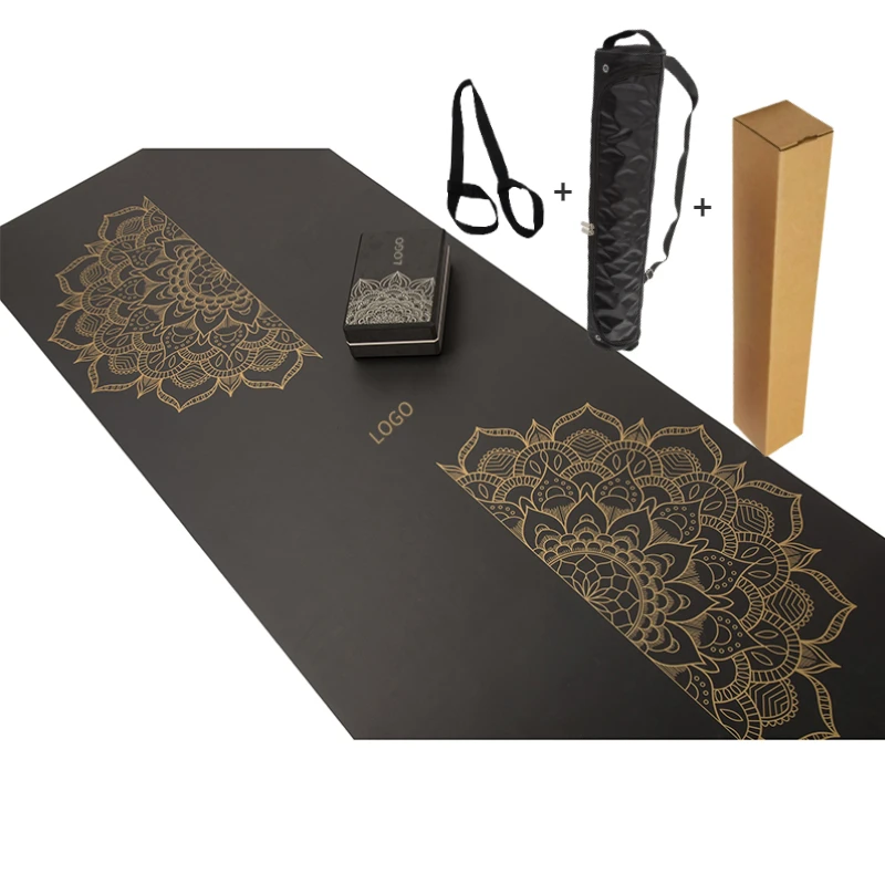 Manufacturer Fitness Gym Pilates Exercise Eco Friendly UV Print Natural Rubber Black PU Yoga Mat, Custom Yoga Block Bag Set