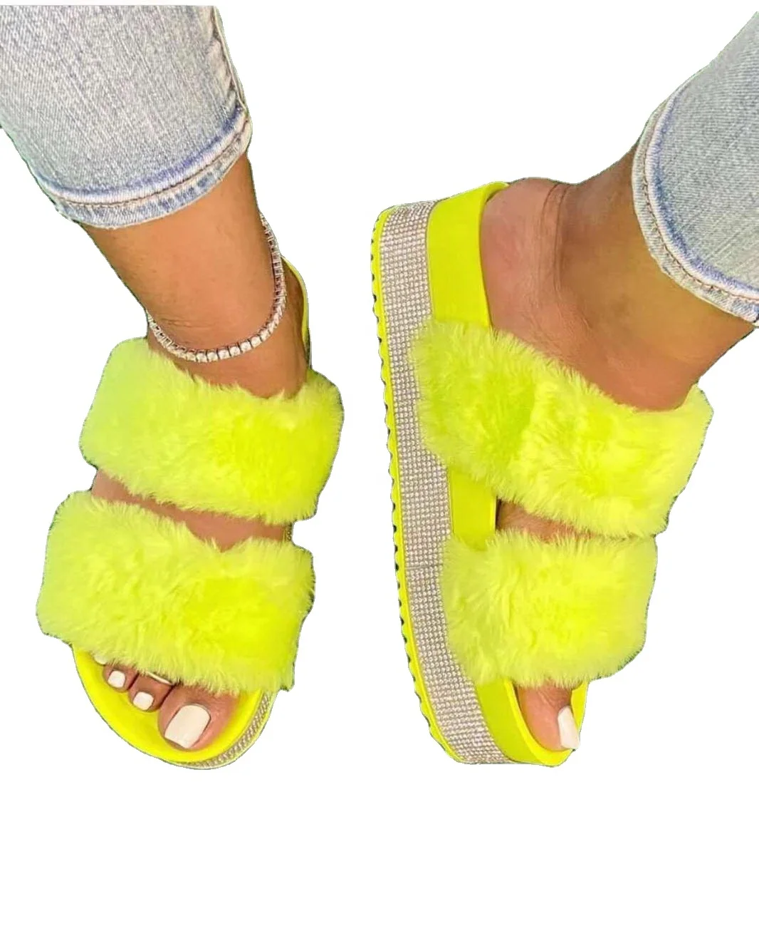 Женские шлепанцы на платформе со стразами, розовые, черные шлепанцы из ЭВА с меховым верхом, новинка 2021