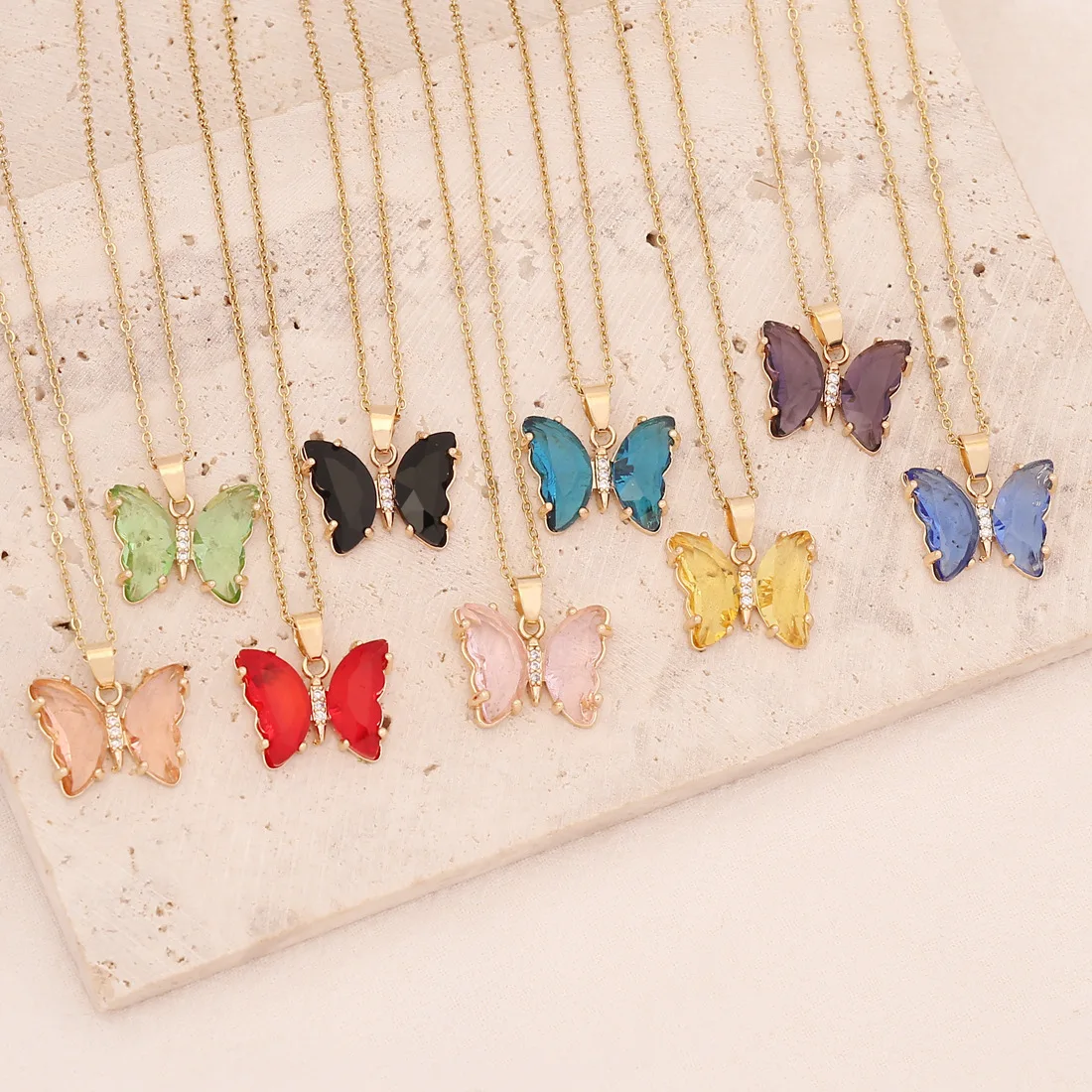 Stainless steel butterfly crystal pendant necklace for women 3*3cm chain 45 cm