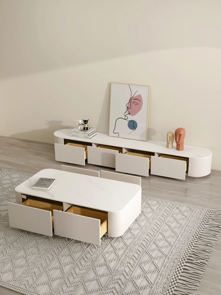 Cream Style Rock Plate Countertop Solid Wood Living Room Furniture TV Stand Modern White Customized TV cabinet