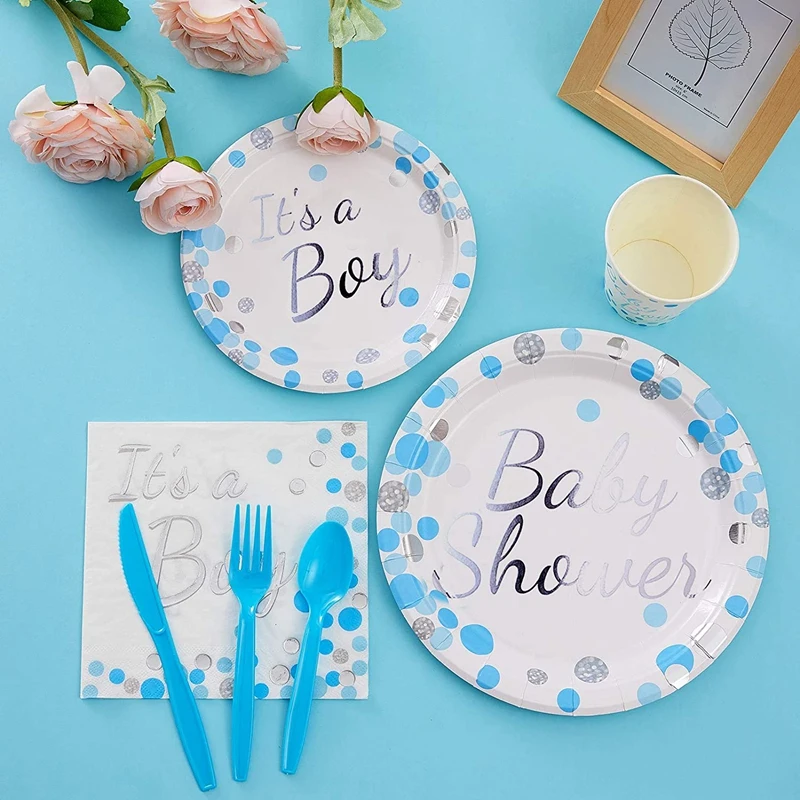 Детский душ babyshower набор одноразовой посуды для мальчиков пол раскрыть Дети День Рождения Вечеринка Baby Shower