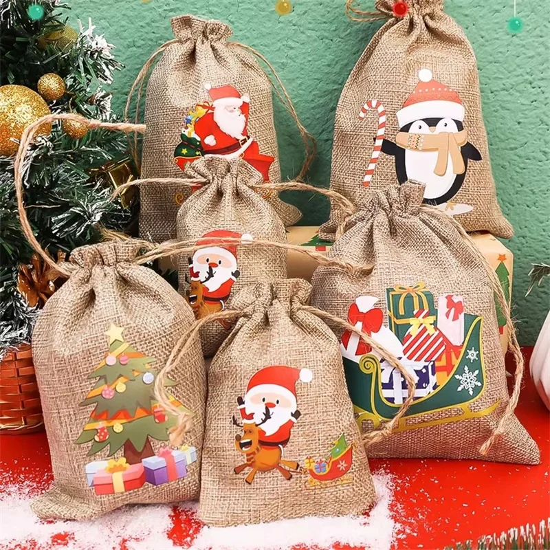10*15cm Custom Christmas Gifts Small Pouch Burlap Durable Natural Linen Jute Drawstring Bag