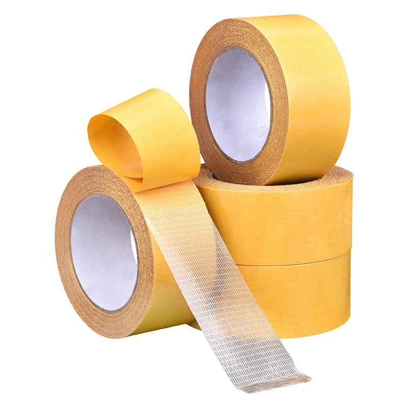 Yellow Release paper Grid Mesh Fiberglass Cloth Double Sided PET Tape for Carpet