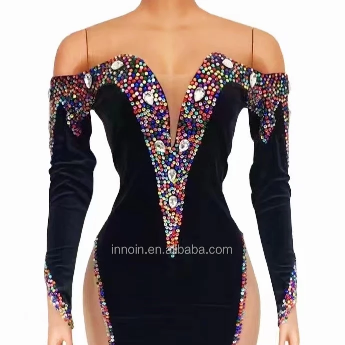 INNOIN New Women Nightclub Party Stage Wear Bling Costumes Sexy Cape Full Of Gold Sparkling Crystals Clothing