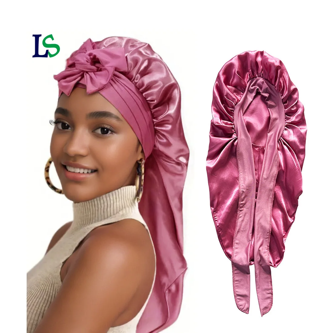 Custom luxury logo long large braid hair women head sleeping stain bonnets and satin silk hair wraps with tie and scarf