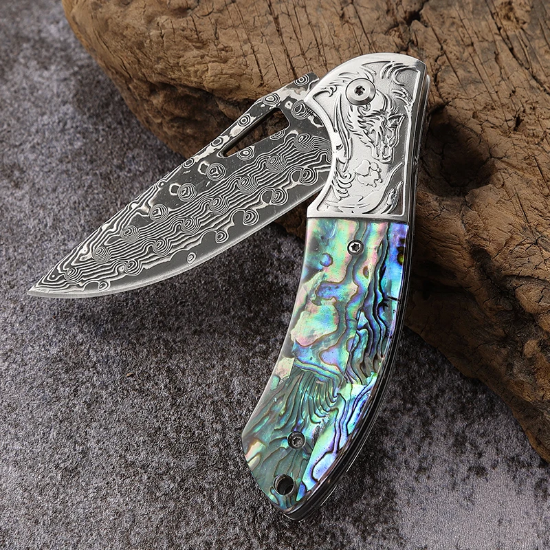 Free Sample Damascus EDC Engraved Abalone Pocket Knife Gift Ebony Wooden Handle Folding Knife Anniversary Husband Father Wedding