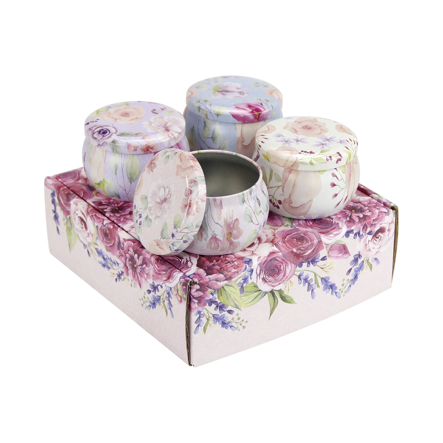 Wholesale online! 4 things. set, candles, tea, candy, metal tins with printed packaging paper box