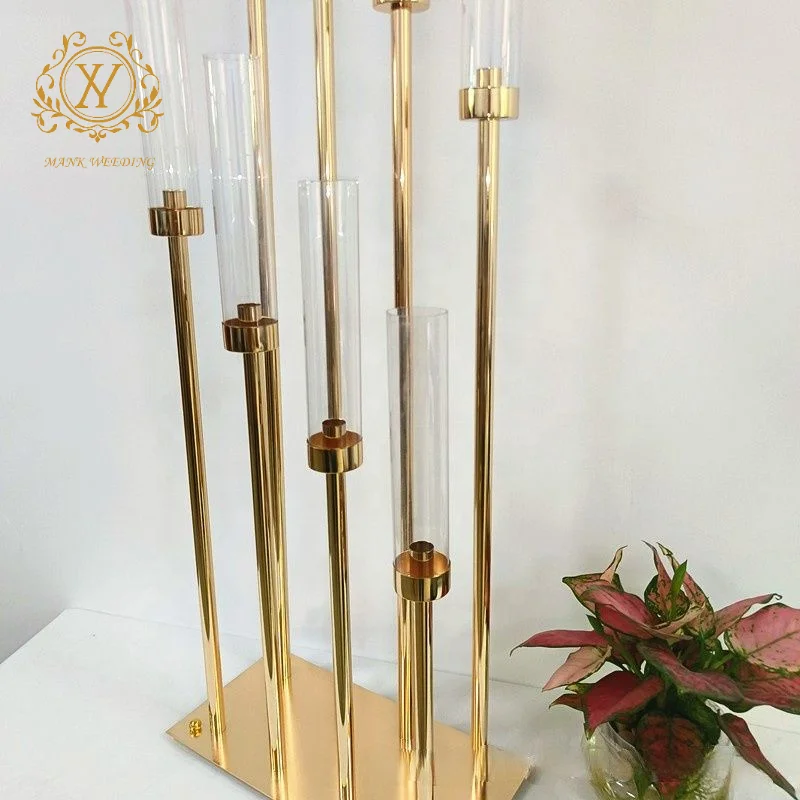 Gold Metal Wedding Candle Holder 8 Arms Iron Plated Tall Hurricane Candlesticks for Wedding Centerpiece Table Decoration