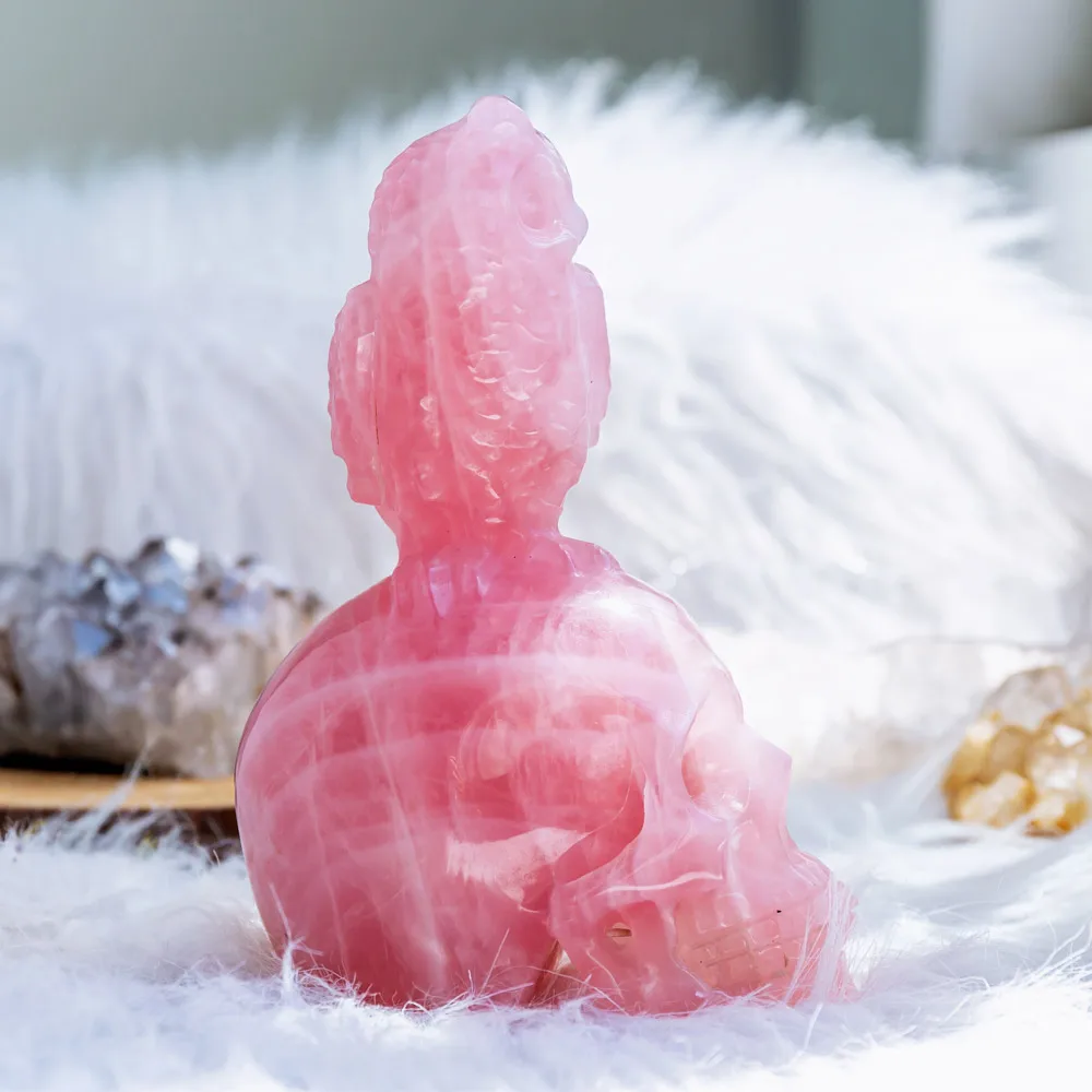 Wholesale Natural Polished Hand Carved Rose Quartz With Owl Crystal Skulls Folk Crafts Healing Stone For Home Decoration
