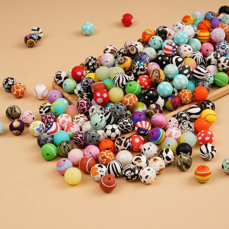 Popular Food Grade 12mm 15mm Leopard Print Chewing Silicone Focal Beads Silicone Printed Beads For Pen Making