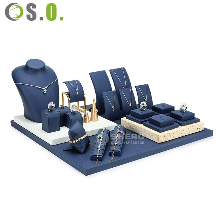 Customized Wholesale Brown Jewellery Stand Holder Velvet Suede Wood Metal Jewelry Display Set