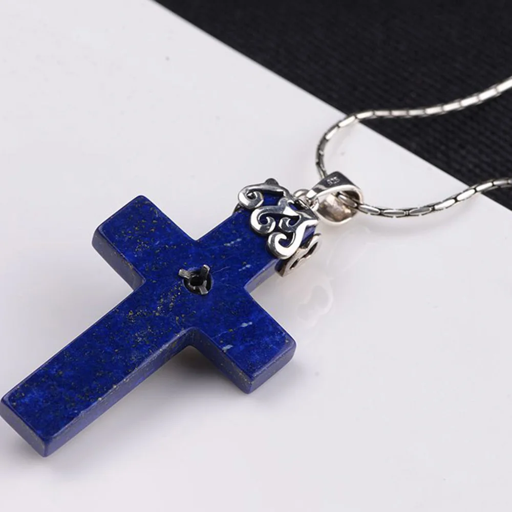 Real Pure 925 Sterling Silver Crucifix Jesus Piece Pendant For Men Women With Natural Lapis Lazuli Stone Antique Holy Jewelry