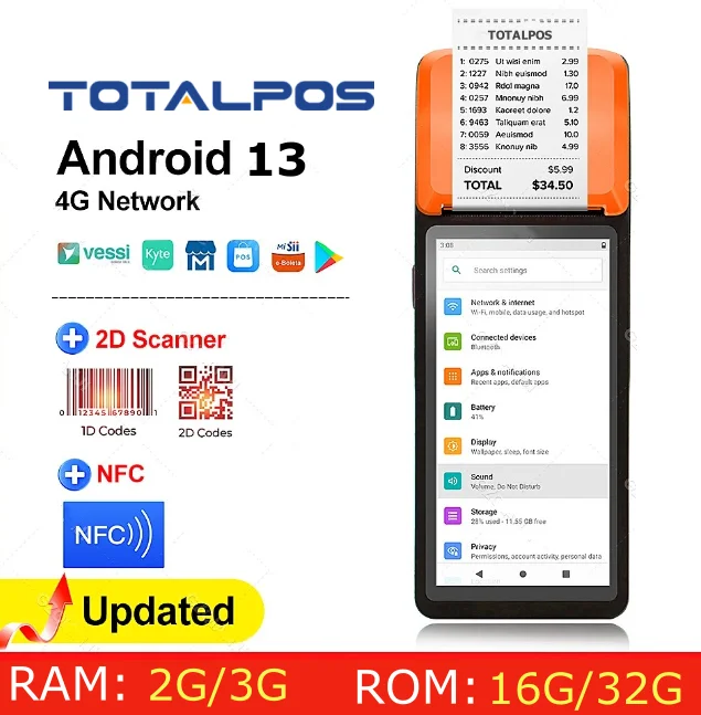 Android 13 5.5 2+16GB WIFI BT 3G 4G nfc payment touch screen smart handheld cash register mobile pos systems for retail shop