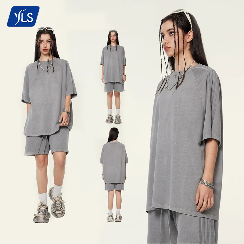 YLS Vintage Two Piece Set 2024 Sportswear Casual Shorts And TShirts Sets Acid Wash Distressed 2 Piece Short Set