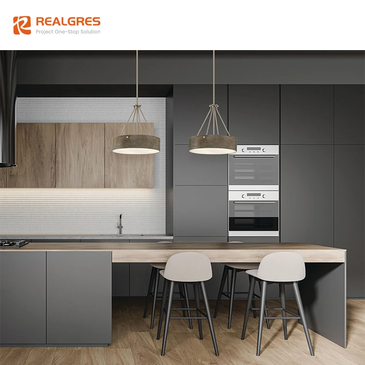 Realgres Fluted Door Design Kitchen Solid Wood Veneer Lacquer Acrylic Modern Kitchen Cupboard Furniture Kitchen Cabinet Set