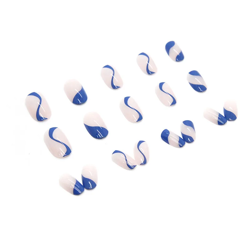 wholesale new arrive 3D blue stripe ABS manicure for summer simple fresh short round press on false nails for summer