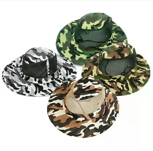 Outdoor adjustable camo wide brim safari cap mesh fisherman hats bucket hats