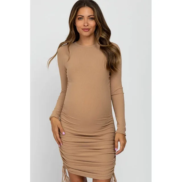 Ribbed Jersey Drawstring Side Maternity Dress Wholesale Maternity Clothes