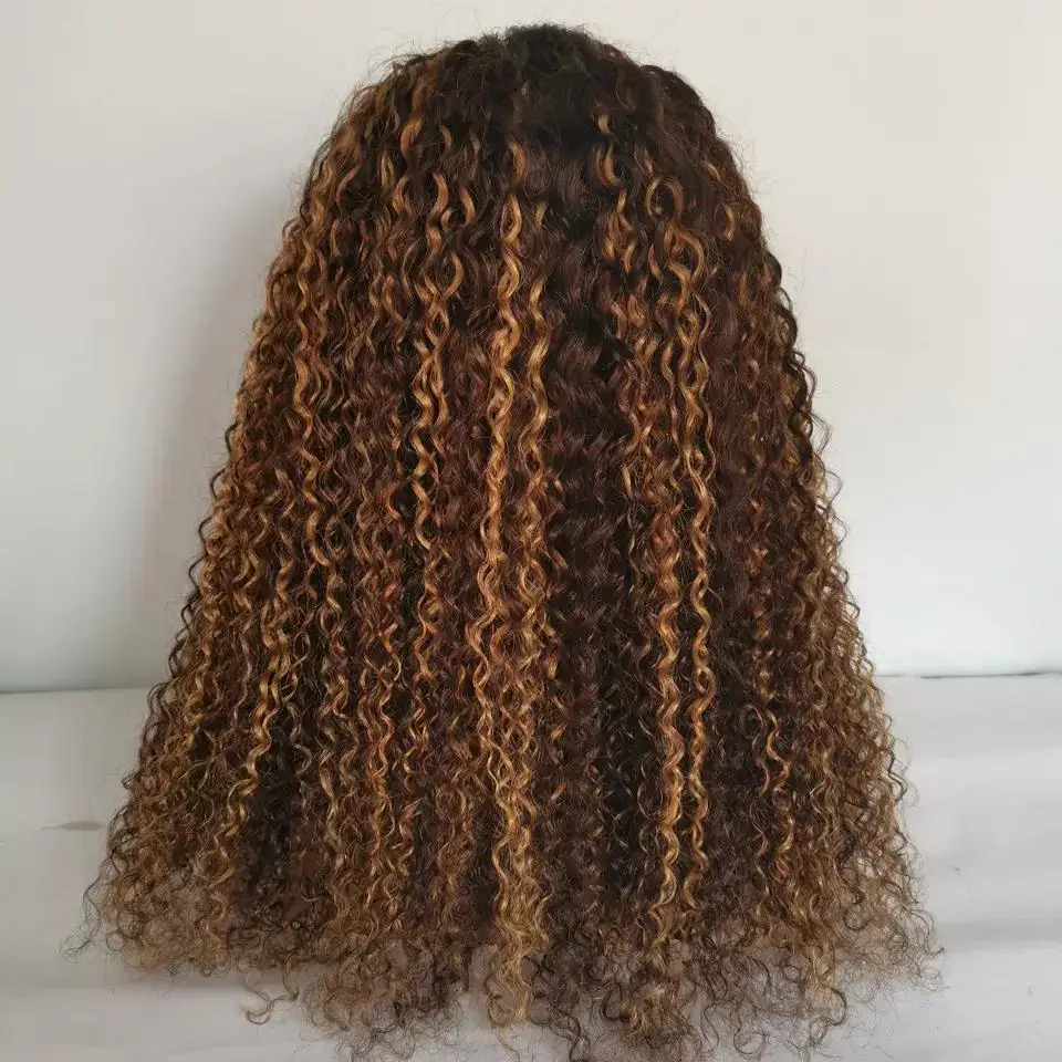 New fashion virgin Brazilian piano color human hair lace front wigs vendor, kinky curl transparent hd lace frontal wigs