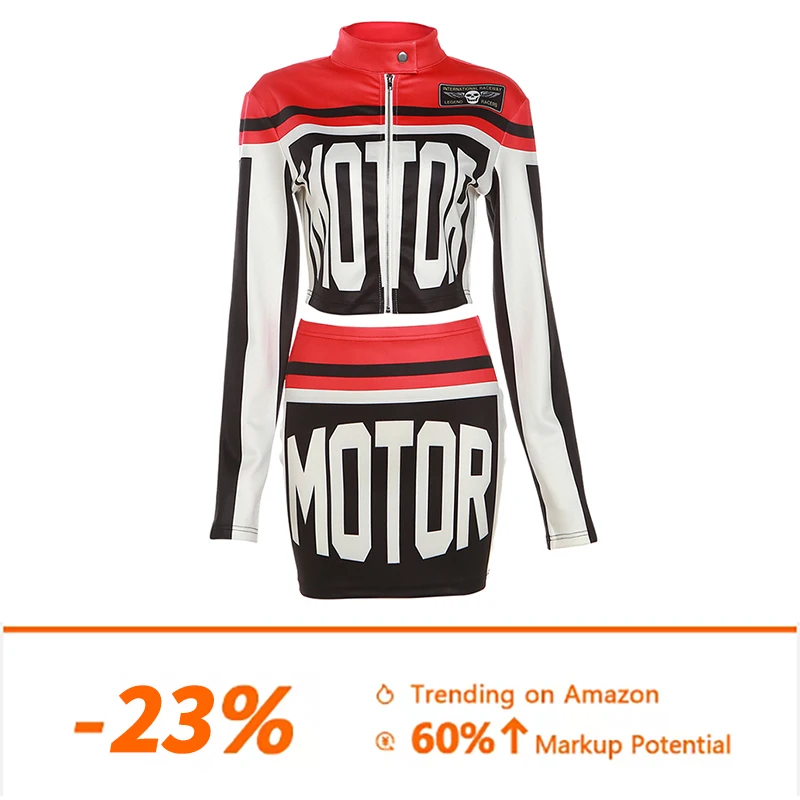 Kliou K23S39950 Cool Girl Racing Style Zipper Tops Jacket+Mini Hip Skirt Suit Autumn Moto & Biker Air Layer Two Piece Set Women