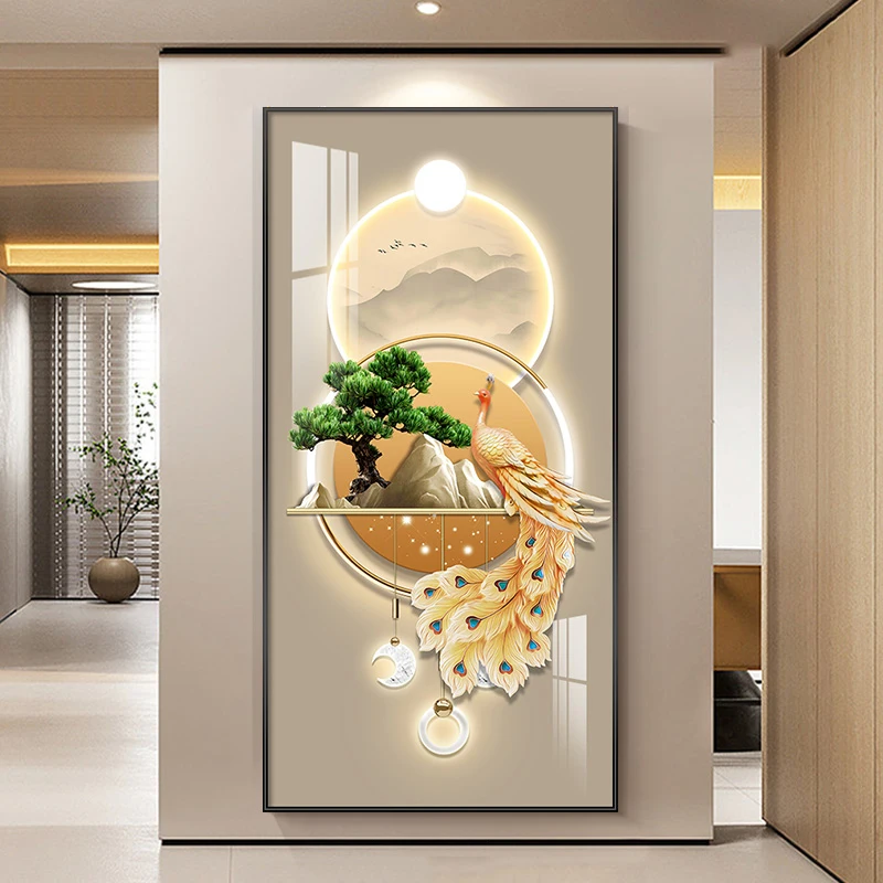 Light Luxury Entryway Decorative Painting Vertical Peacock Corridor Wall Art Living Room Aisle Mural Crystal Porcelain Painting