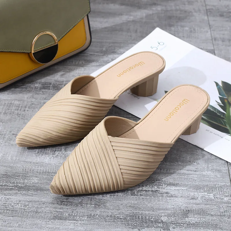 Summer Pointed Toe high heel Sandals Ins Lazy Stable thick heel Half Drag Fairy Wind Baotou Muller Shoes