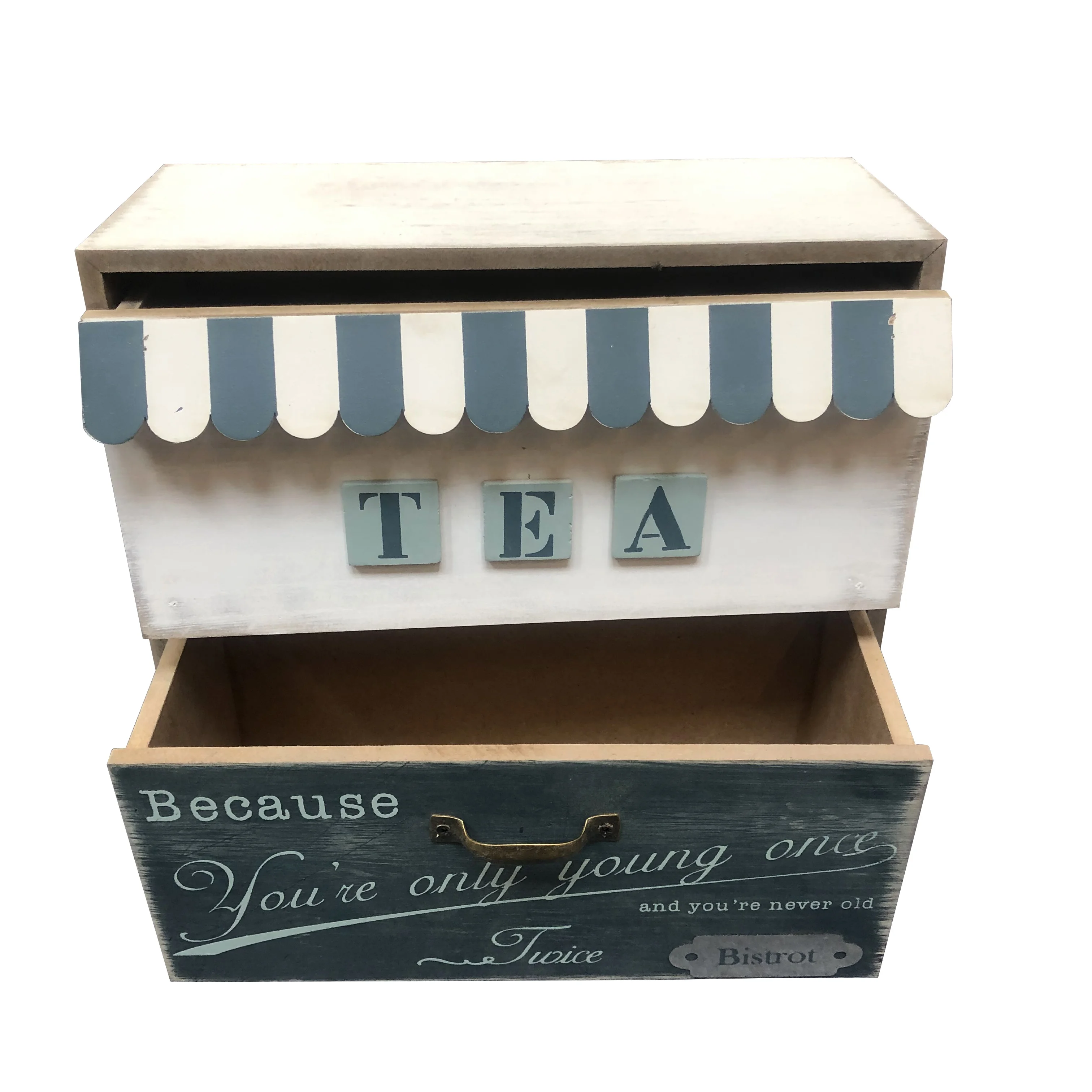 Antique Handmade Home Decoration Packaging MDF Wooden Tea Bag Storage Box With 2 Drawers