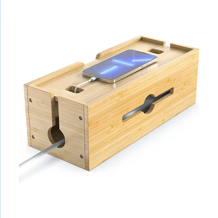 Cord Organizer Box Cable Box to Hide Wires and Power Strips Bamboo Cable Management Box for Desktop