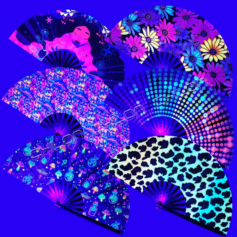 UV Festival Folding Hand Fan with Bamboo Ribs Folding Fans with Fabric Case Glow in dark