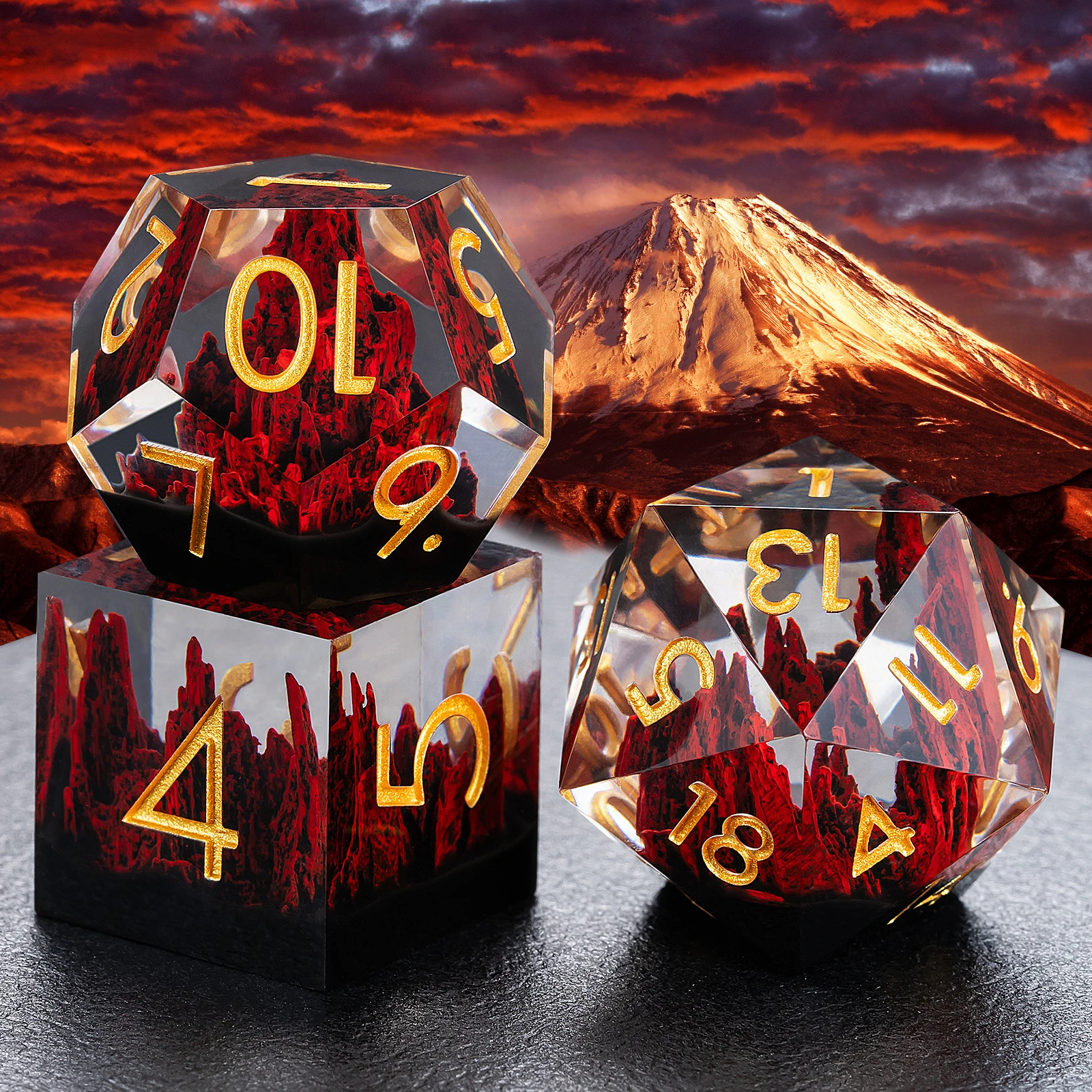 Beautiful Mountain Stone Inside Polyhedral Dice Sharp Edge Resin Dice Set For Dnd Game