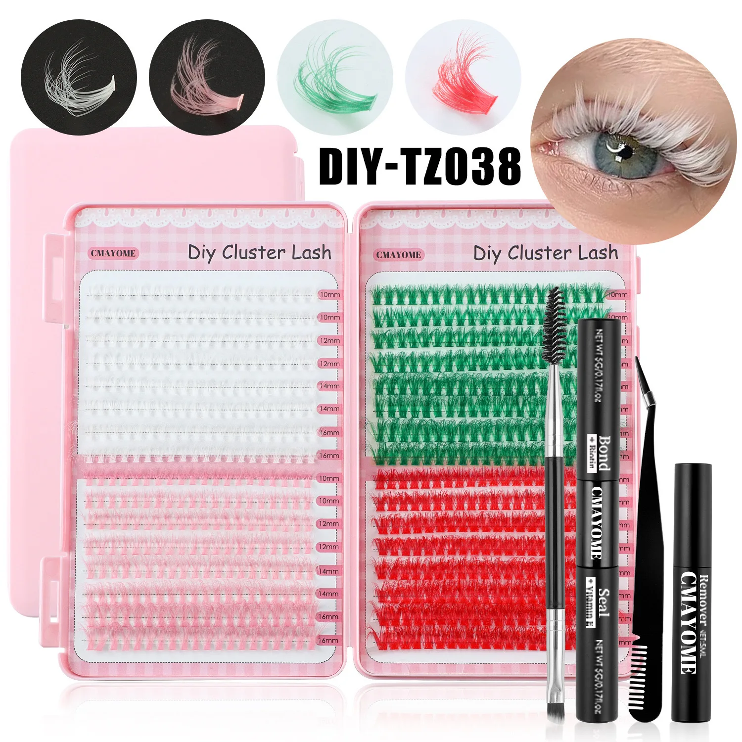 color lash supplies colorful cluster fans lash trays supplies 30D 40D pink blue red DIY cluster eyelash at home kit