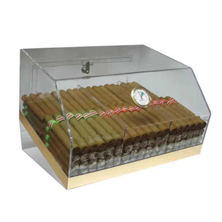 Manufacturer 75pcs Cigar 3 Bins Clear Acrylic Humidor Display Box with Hygrometer Bar, Hotel and Shop Individually Box Packed