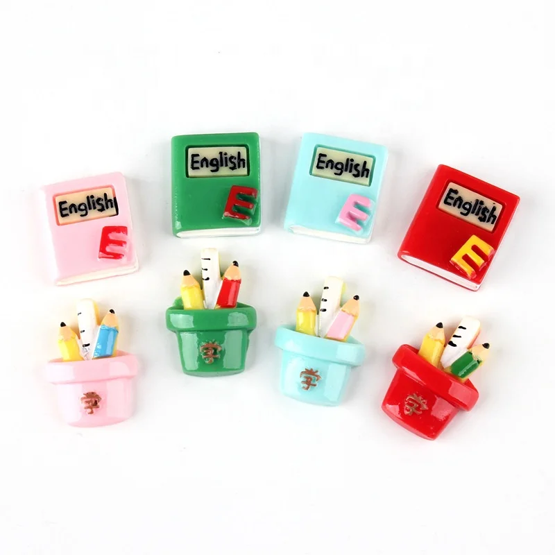 New Design Kawaii Resin School Supply Cabochons Flatback Pencil Brush Pot English Book for DIY Slime Charms Accessory