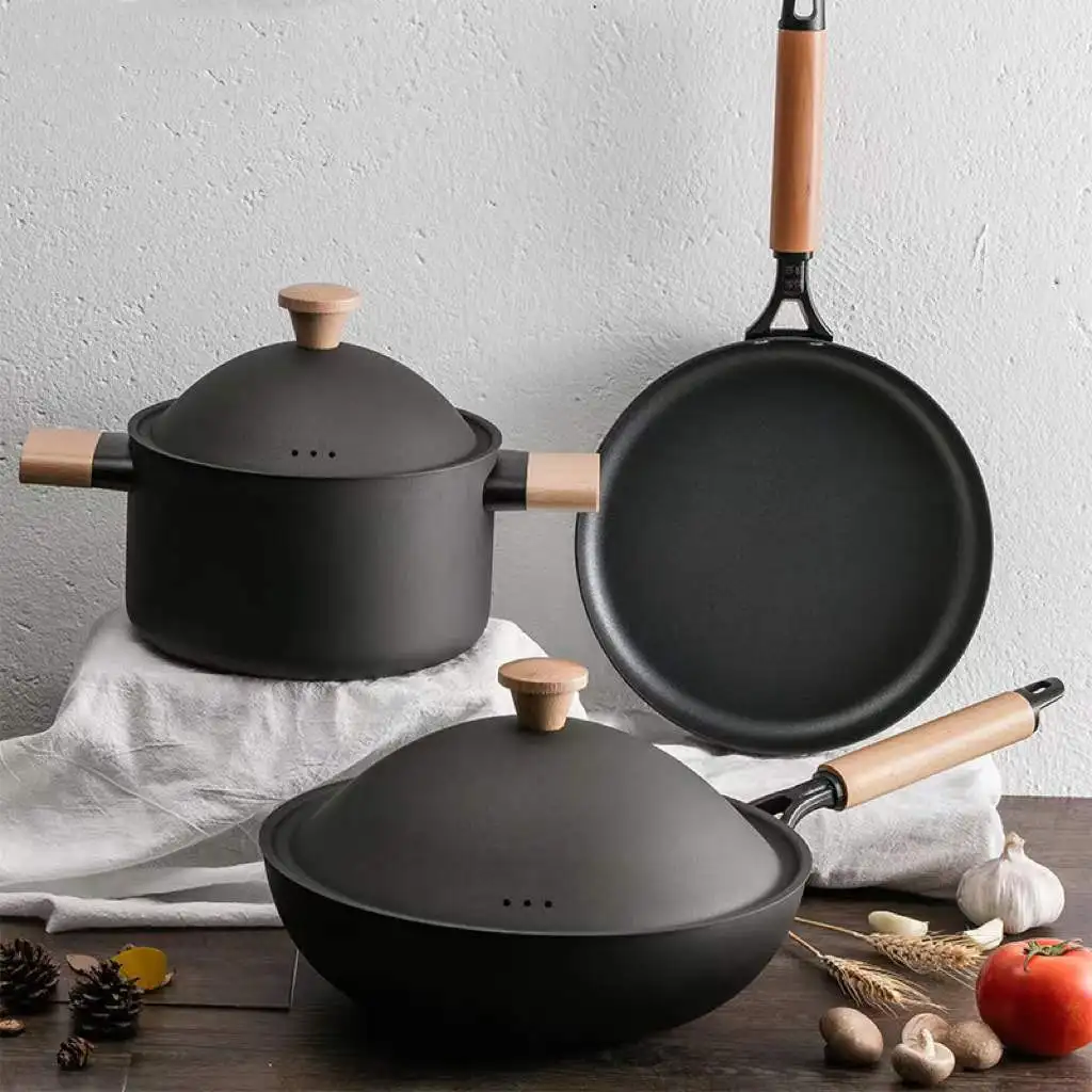 Cast Iron Skillet Electric Cast Iron Skillet,Non-stick Induction Cooker Black Pan/soup Pot Set Wok Suit,3pcs Cookware Set