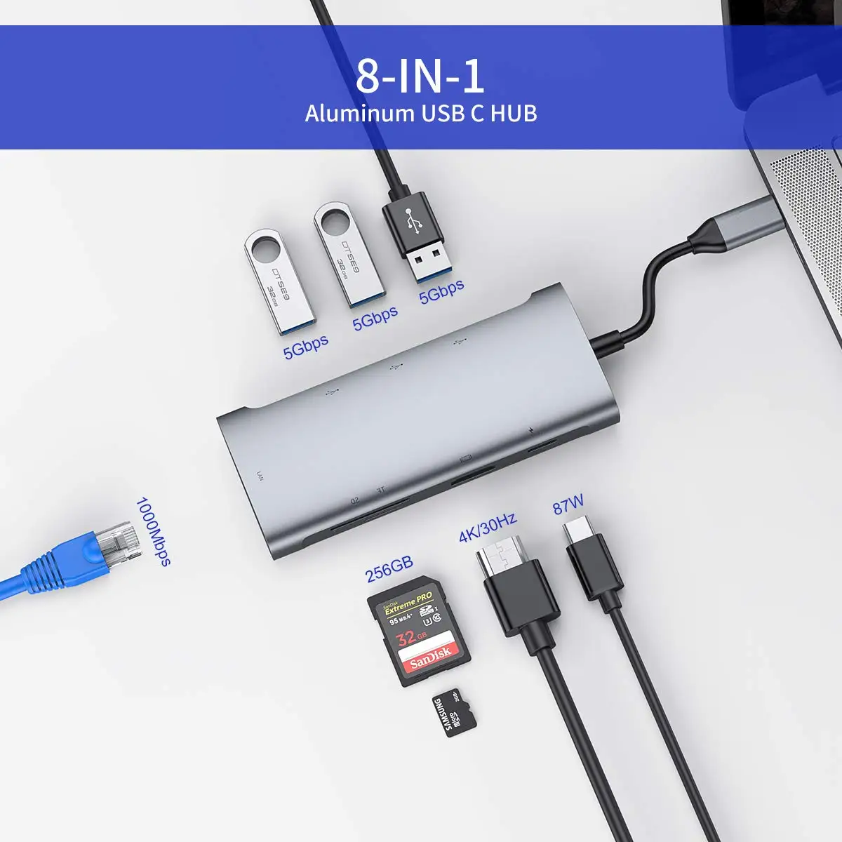 
Raycue 8 in 1 Type C Adapter to TF/SD Card Reader 3*USB3.0 HD-MI USB C Hub 