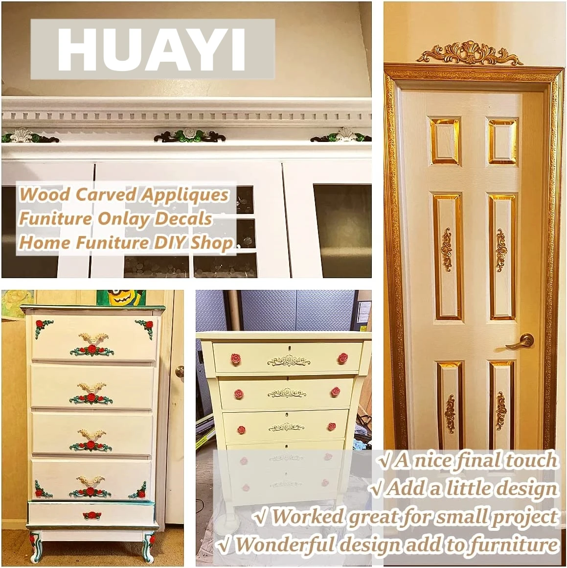 Wood Rose Appliques Onlays Set Unpainted Decorative Carved Decals for Bed Door Cabinet Wardrobe Mantel Ceiling Wall Headboard