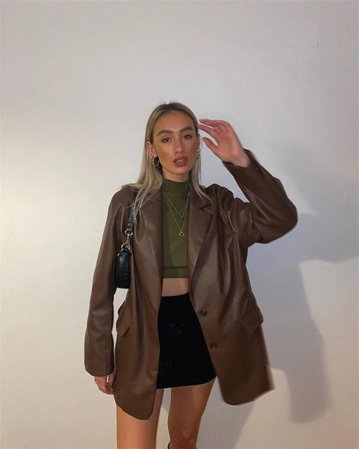 Y2639-women blazer for fashion solid color pu leather coat autumn woman blazer jacket