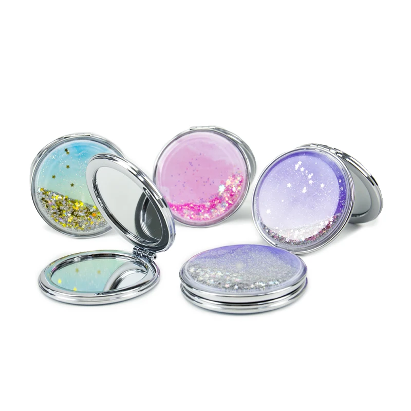 Customized Logo Hand Mirror Quicksand Compact Mirror Water Liquid Round Makeup Mirror New 2022