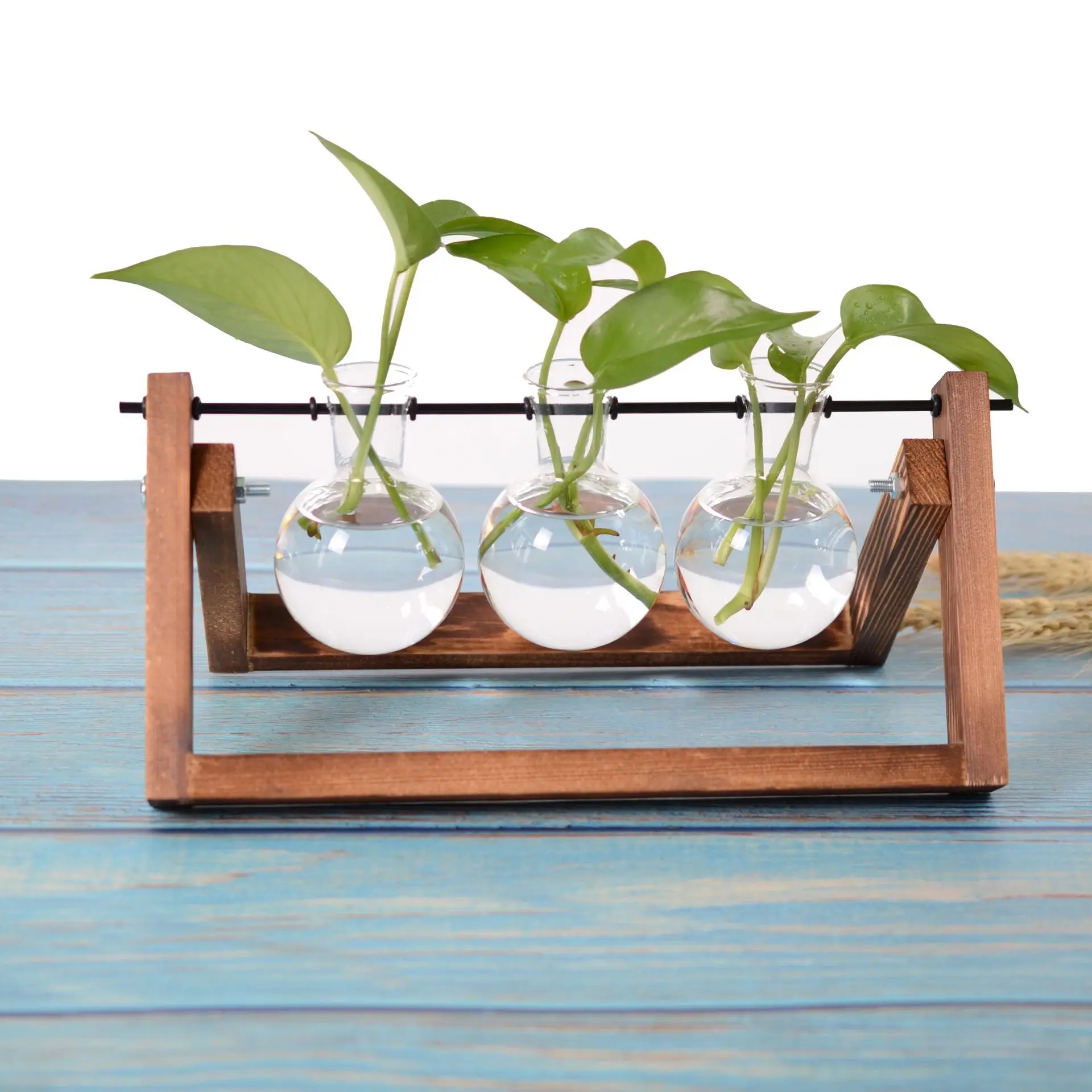 Glass Plant Terrarium With Wooden Stand Wooden Vase Test Tube Vase Wooden Vase Holder