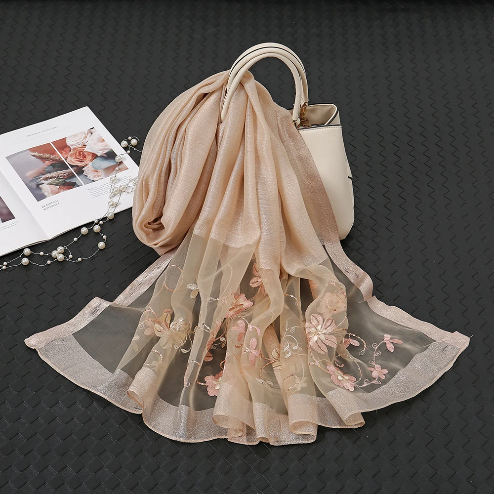 High Quality Silk Wool Shawl Women Lightweight Scarves Embroidery Floral Organza Scarf