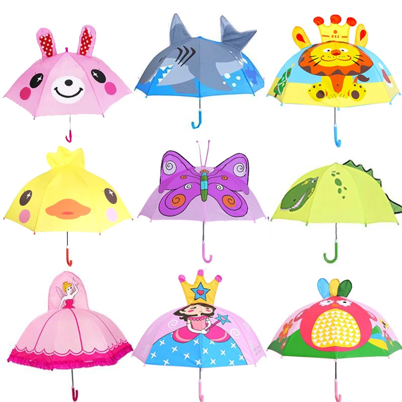 Promotional Cute Cartoon 3D Pattern Print Animal Shape Kid Child Colorful Small Long-Handle Waterproof Rain Umbrella With Ear