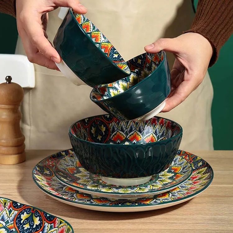 Restaurant Weeding Decorative Luxury Bohemian Tableware Square Ceramics Dishes Ceramic Dinner Plate Bowls Porcelain Plates Set