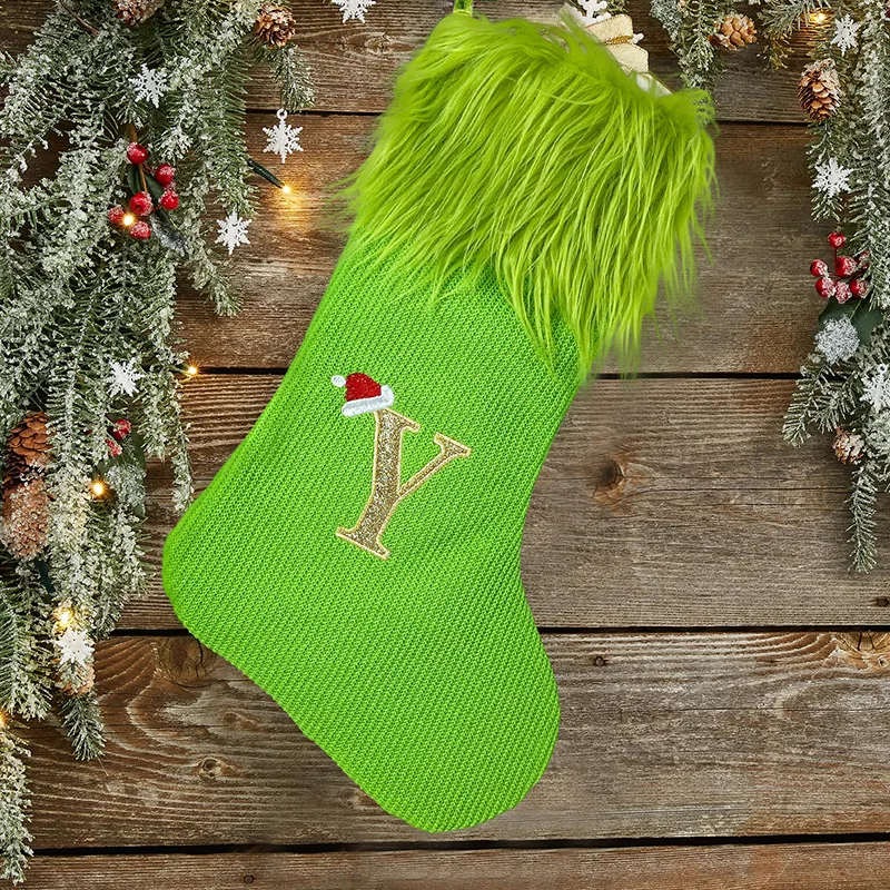 2024 Most popular Christmas decorations Xmas pendant gift bag A-Z family name initial embroidered knit green Christmas stockings