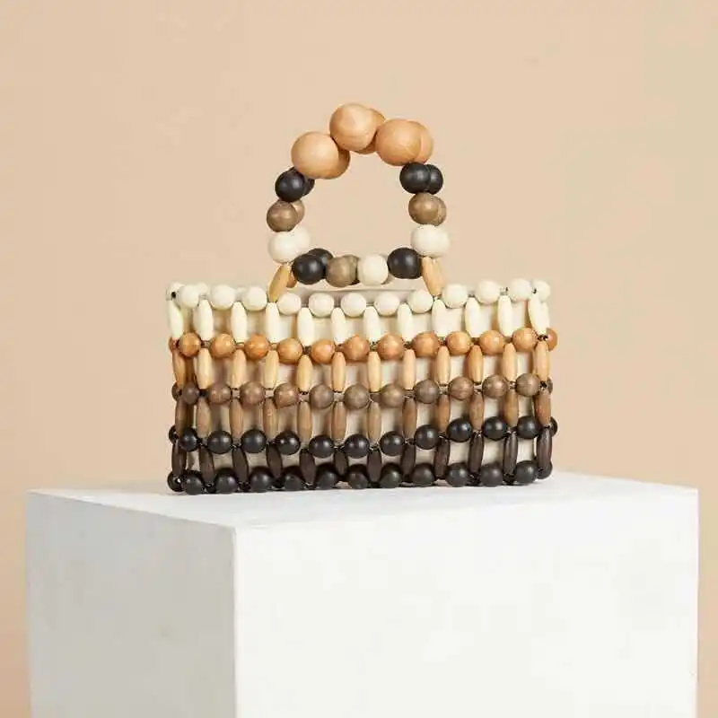 new design hand-woven beaded natural wood beads ladies bamboo woven bag clutch