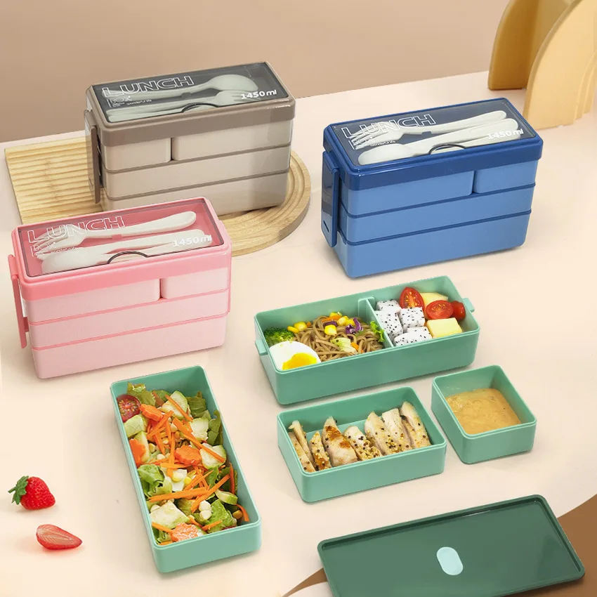 Three-layer portable adjustable plastic bento box microwave safe food containers lunch box