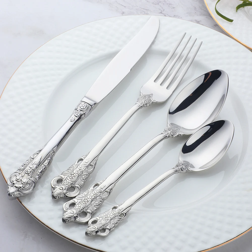 BAISHI  Vintage European Silverware Cutlery  Knife Spoon Fork 4 Pieces Dinner Set  Factory Wholesale Stainless Steel tableware