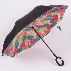 reverse umbrella with custom logo double layer flower print inside C  curve handle for promotional inverted umbrellas for rain